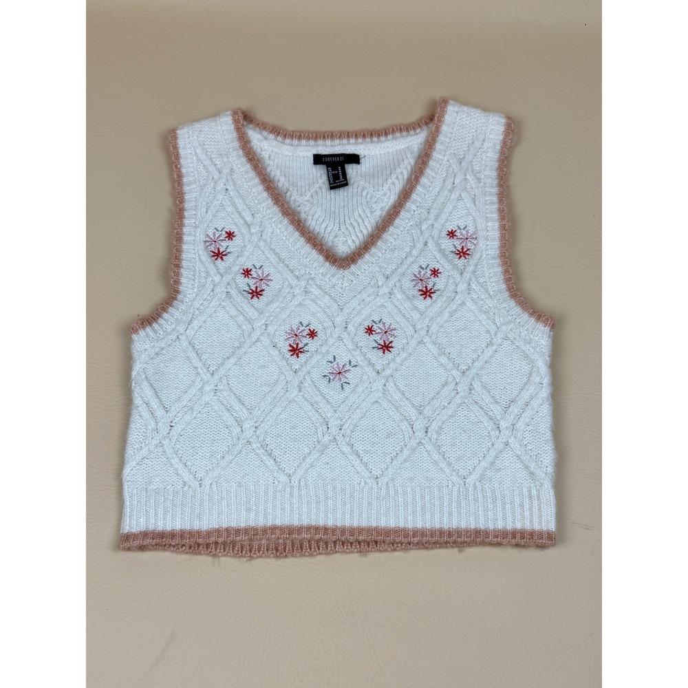 Forever 21 Medium Sweater Vest Cottagecore Cable Knit Embroidered Floral Ivory